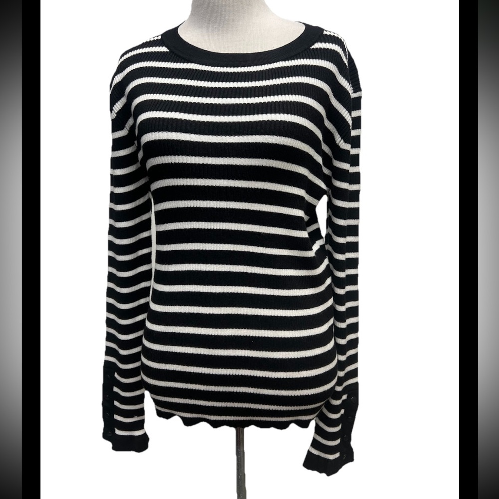Bobeau Black White Striped Crew Neck Sweater Size L